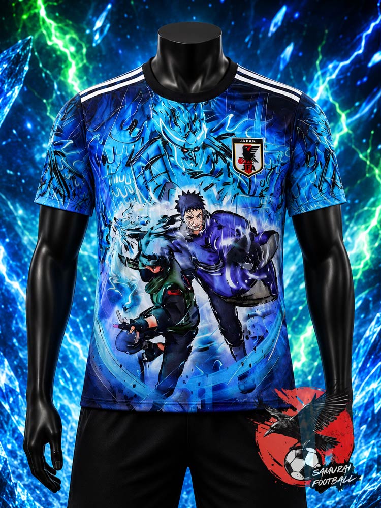 Maillot de foot Japon Obito et Kakashi bleu, combat Susanoo – face avec blason JFA Naruto
