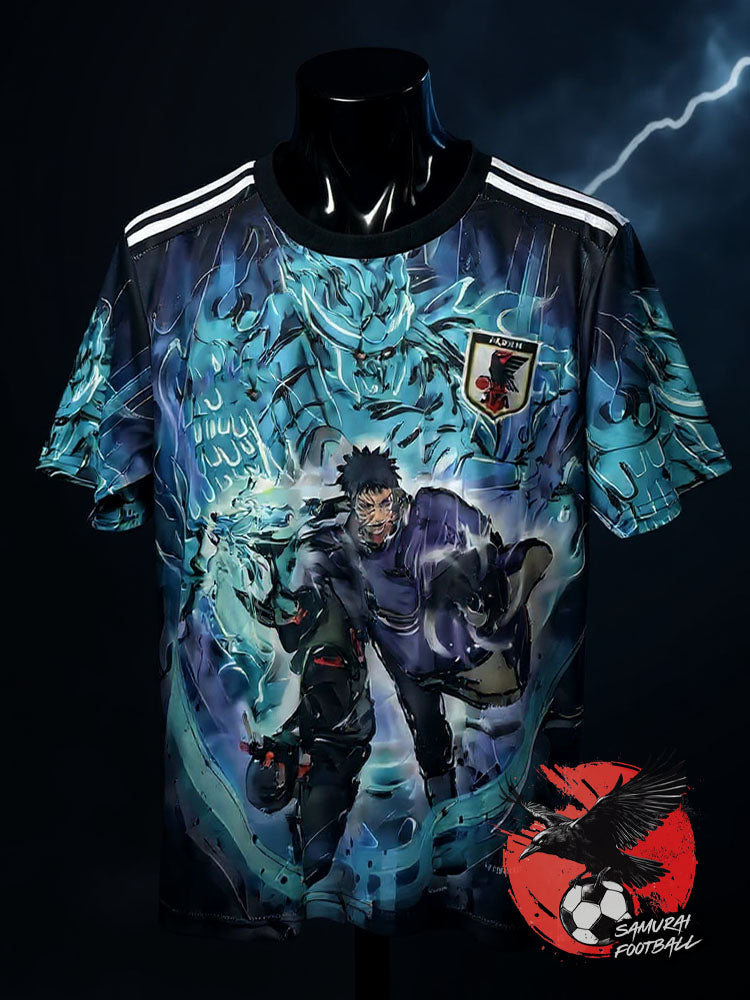 maillot du Japon Obito Kakashi bleu avec design Susanoo et foudre.