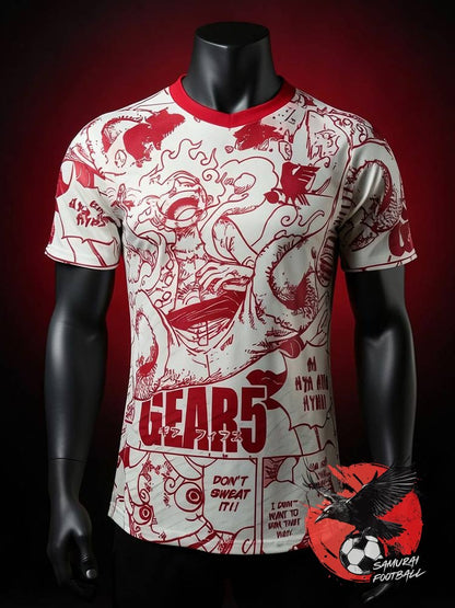 Maillot rouge du Japon de One Piece avec Luffy sous sa forme de Gear 5