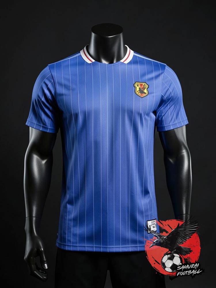Maillot du Japon Vintage face - design bleu roi à fines rayures blanches avec col blanc et liseré rouge