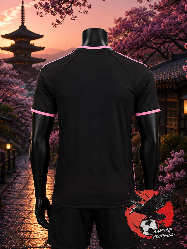 maillot du Japon Kyoto rose et noir avec motif du mont Fuji, pagodes et cerisiers en fleurs