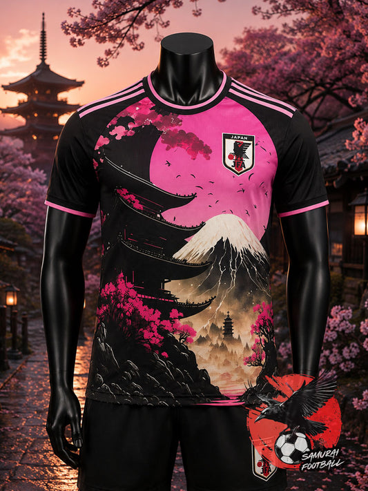 maillot du Japon Kyoto rose et noir avec motif du mont Fuji, pagodes et cerisiers en fleurs