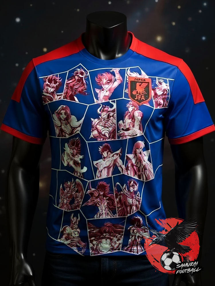 maillot du Japon Saint Seiya avec les douze Chevaliers d’Or sur le torse en bleu et rouge