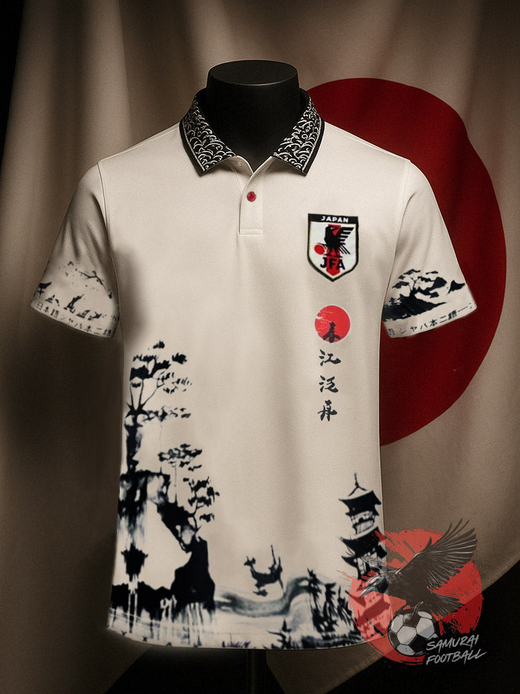 Maillot de football du Japon "Torii" en noir et blanc avec temple bouddhique