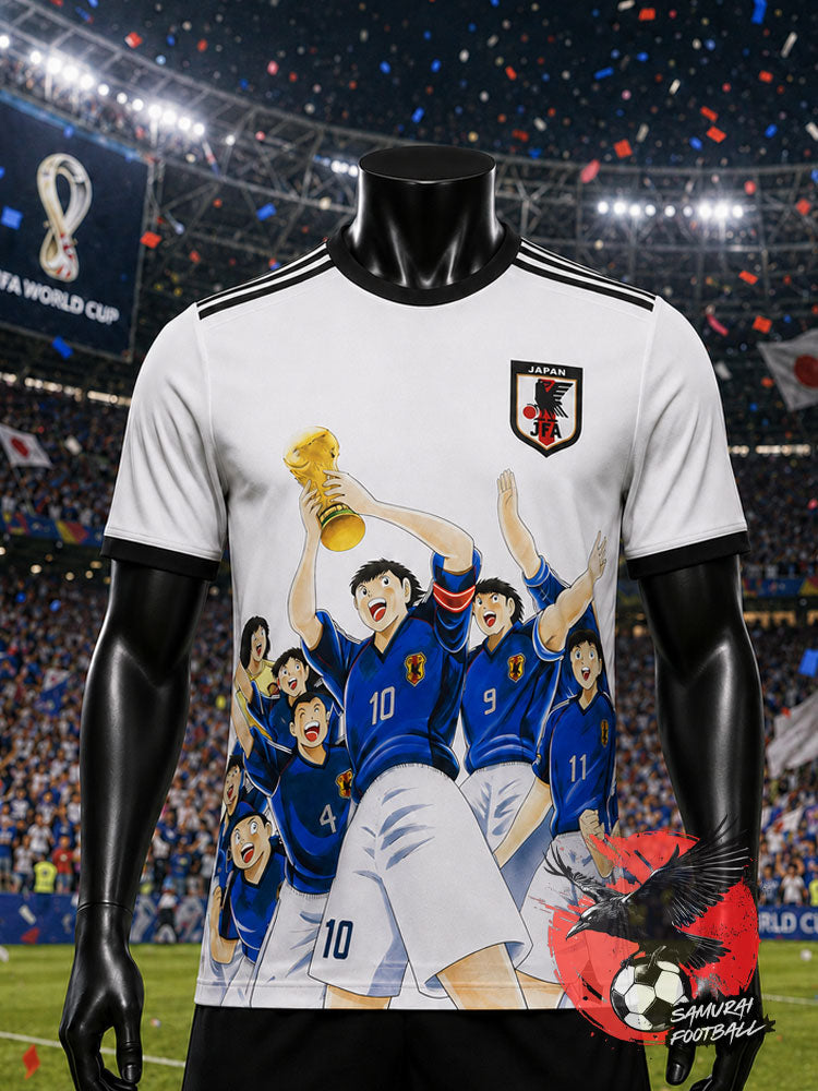 Maillot du Japon blanc Captain Tsubasa avec le trophée de la Coupe du monde