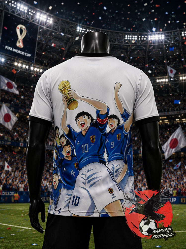 Maillot du Japon blanc Captain Tsubasa avec le trophée de la Coupe du monde