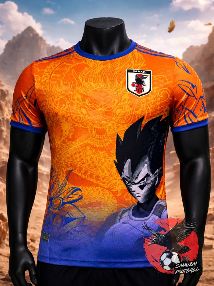 Maillot du Japon orange de Vegeta dans Dragon Ball Super avec le dragon Shenron en fond