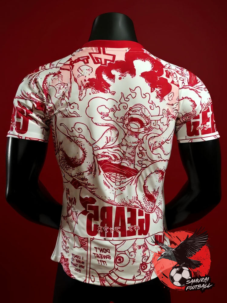 Maillot rouge du Japon représentant Luffy du manga One Piece sous sa forme Gear 5