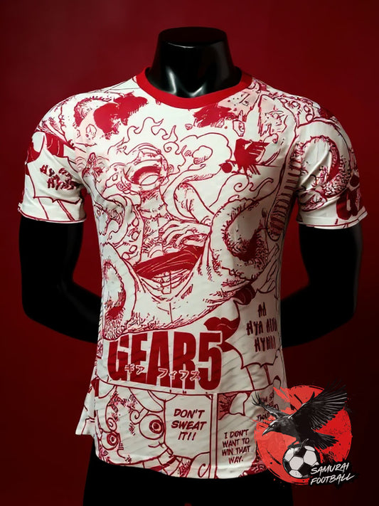 Maillot rouge du Japon représentant Luffy du manga One Piece sous sa forme Gear 5