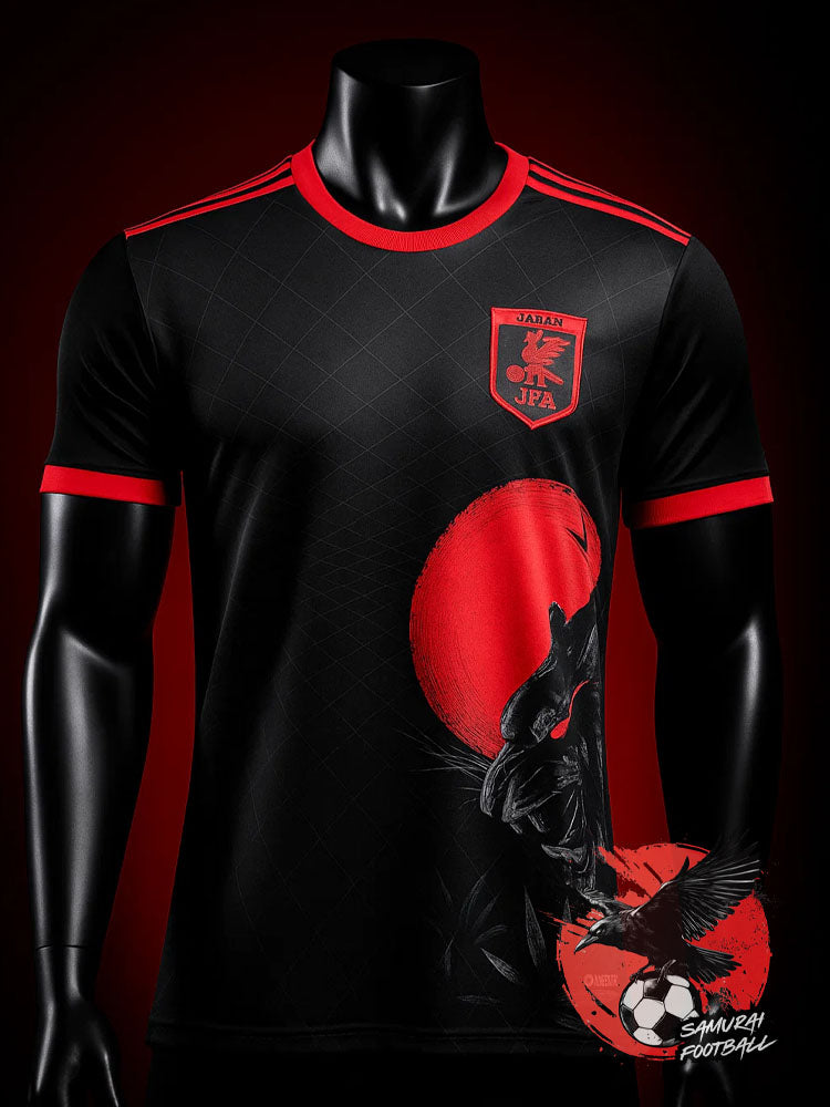 Maillot de football concept de l'équipe du Japon, noir et rouge, avec un tigre noir et un soleil levant rouge