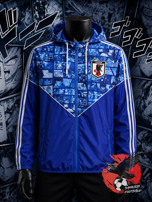 Coupe-vent Japon bleu à capuche, motif mosaïque manga et écusson JFA – veste anime