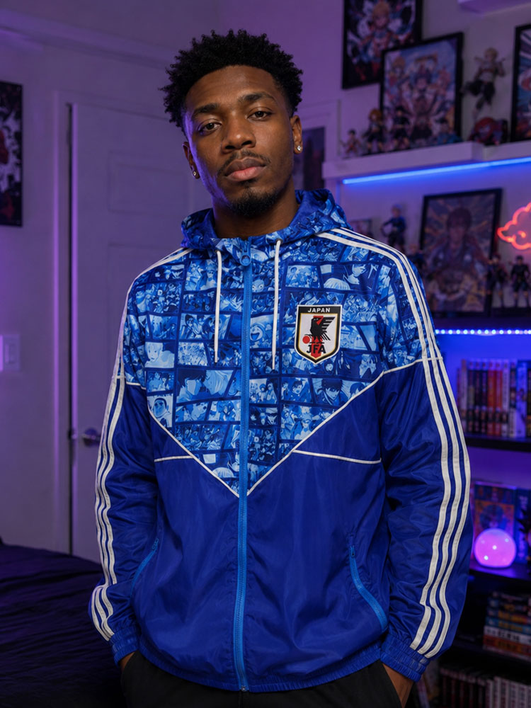 Coupe-vent Japon bleu à capuche, motif mosaïque manga et écusson JFA – veste anime